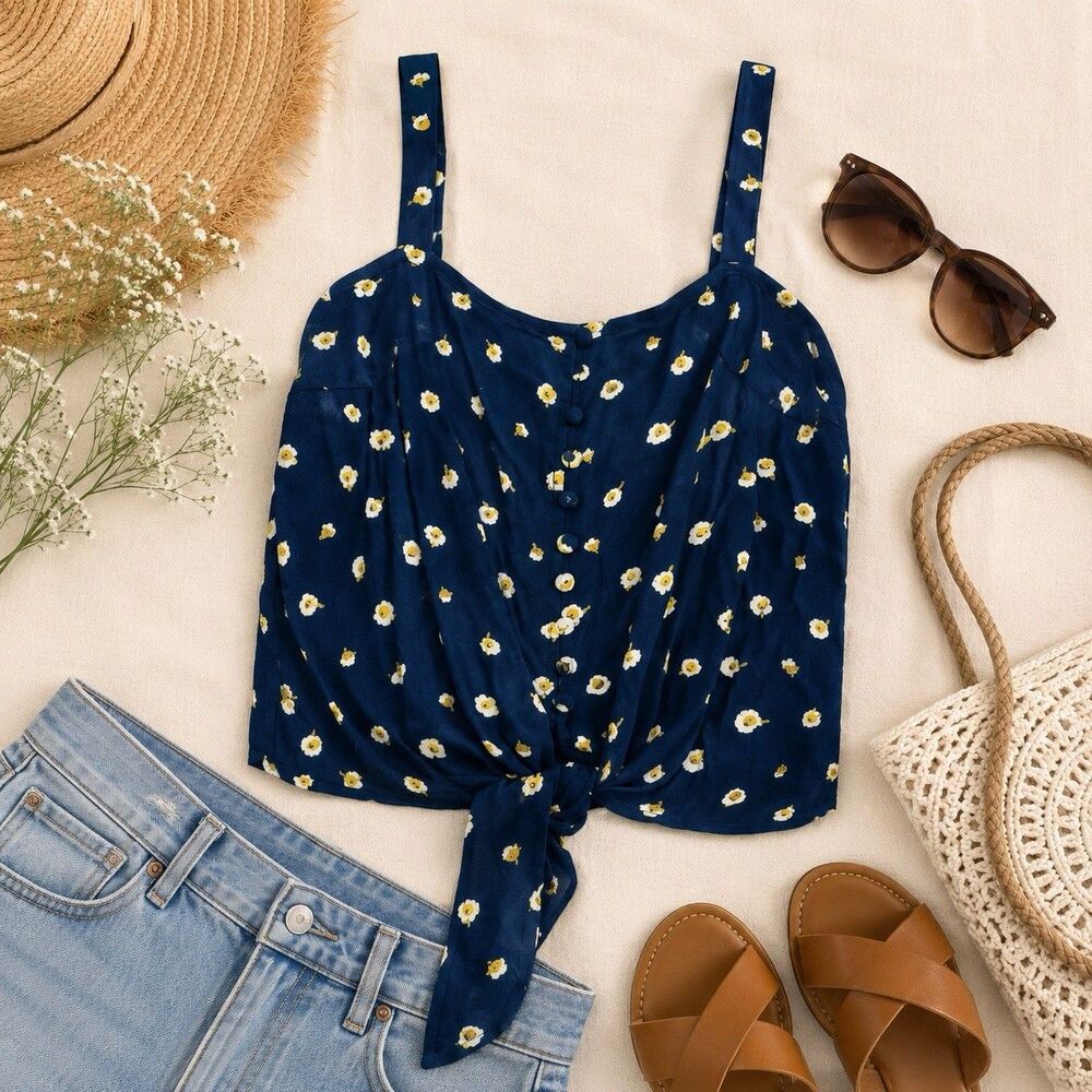 Madewell Daisy Tie Front Crop Top Blue Floral Coastal Summer Cottagecore Boho